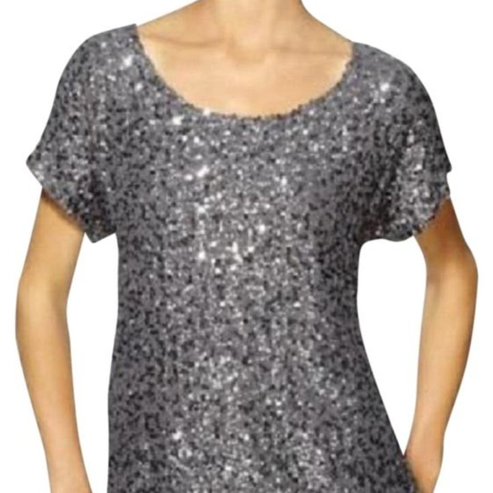 Michael Kors Silver Sequined Chiffon Gunmetal Blouse Size XS